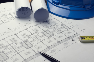architectural plans project drawing with blueprints rolls