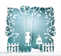 tree with swinging kid , paper cut style.vector illustration