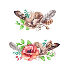 watercolor boho illustration, tribal, floral bouquet, rustic flowers