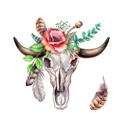 Fototapete Boho Aquarell Boho Illustration, Stammes-, Kuhkopfschädel, Blumenstrauß, rustikale Blumen