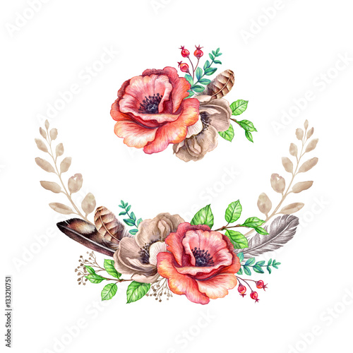 Watercolor Boho Illustration Tribal Floral Bouquet Rustic Flowers Watercolor Boho Illustration Tribal Floral Bouquet Rustic Flowers