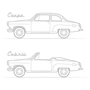 Two isolated retro cars in silhouette line style with sample text. Two-door coupe and cabrio. Typical vintage vehicle. Car vector stock image.