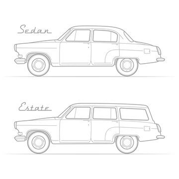 Two isolated retro cars in silhouette line style with sample text. Four-door sedan and wagon. Typical vintage vehicle. Car vector stock image.