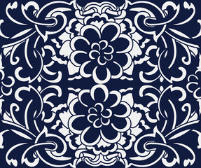 Seamless Blue Japanese Background Spiral Curve Cross Flower