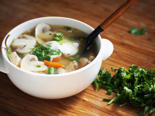 Delicious soup with smoked chicken, mushrooms, chicken eggs and cream.