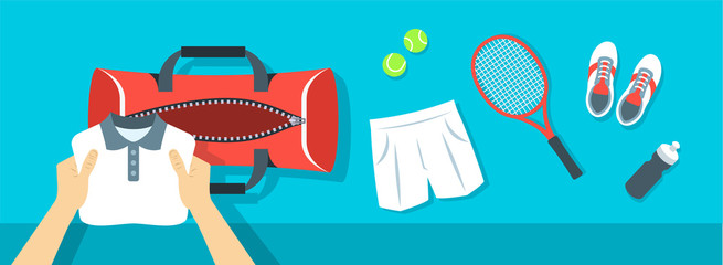 Fitness flat vector background. Man puts tennis stuff for training into sport bag. Top view horizontal banner. Polo shirt, shorts, sneakers, tennis racket and balls. Healthy lifestyle concept.