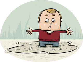 A cartoon man looks down and sees that he has become trapped in and is sinking in a puddle of quicksand.
