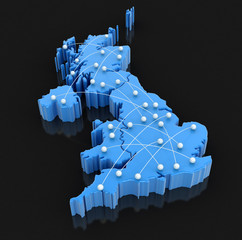Map of UK with flight paths. Image with clipping path.
