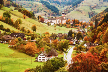 Scenic panoramic view of a picturesque mountain valley in autumn. Germany, Black Forest. 