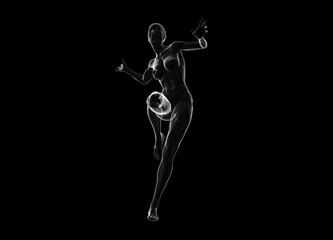 Fototapeta na wymiar Slim attractive sportswoman made of glass or soap bubble running against a black background. 3d illustration