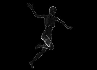 Fototapeta na wymiar Slim attractive sportswoman made of glass or soap bubble running against a black background. 3d illustration