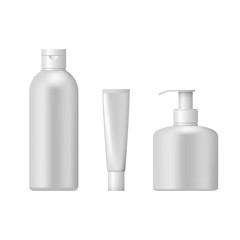 Set of cosmetic packaging isolated on white background. Cosmetic package for cream,  shampoo and liquid soap. 