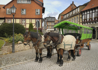 Fototapeta na wymiar Horses with a carriage; Wernigerode, Graz, Saxony-Anhalt, German