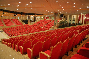 MOSCOW, RUSSIA - JANUARY 10, 2017: Rows of red seats in the concert hall of the Cathedral of Christ the Savior