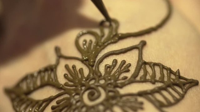 The master draws mehendi on the girl's hand. Beautiful patterns from henna. Flowers from henna on hands. On hands draw beautiful lines. A temporary tattoo from henna