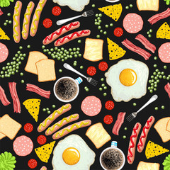 Breakfast on black background. Fried eggs, coffee, bacon, toasts, sausages. Vector seamless pattern.