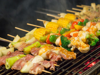 Barbecue grill with assorted delicious meat and vegetable over the coals.