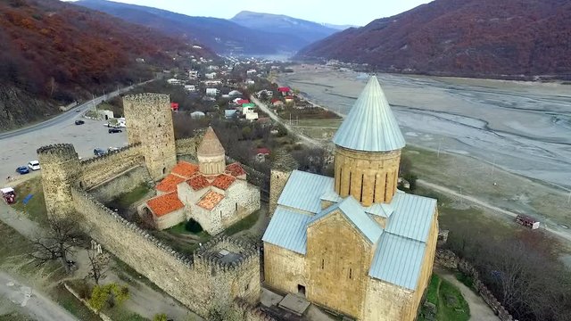 Grounds of the ancient georgian Ananuri fortress. which is a popular tourist destination, Georgia, topview