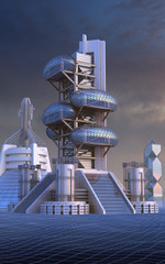 3D Illustration of futuristic city architecture with ovoid glass structures, for fantasy or science fiction backgrounds © 3000ad