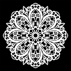 Lace round paper doily, lacy snowflake, greeting element,  template for cutting  plotter, round pattern, laser cut  template, doily to decorate the cake,  vector illustrations.