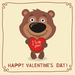 Happy Valentine's Day! I Love You! Funny teddy bear with heart in hands. Happy valentines day card in cartoon style.