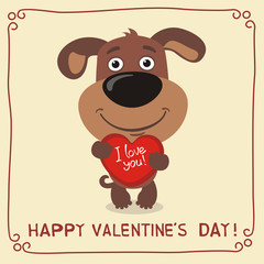 Happy Valentine's Day! I Love You! Funny puppy dog with heart in hands. Happy valentines day card in cartoon style.