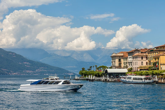 Boat On Lake Como Near Beautiful Town Bellagio In Italy