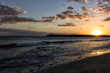 Lighthouse on Fuerteventura Canary Islands called Faro de Jandía at sunset.