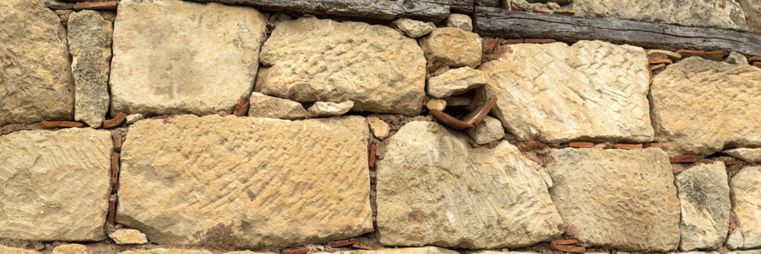 Ancient brickwork. Chufut-Kale wall.