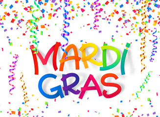 Mardi Gras colorful plastic style sign on confetti and serpentine background