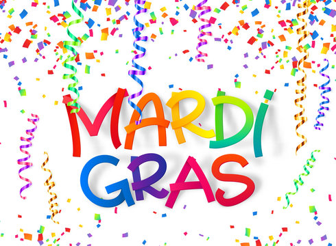 Mardi Gras colorful plastic style sign on confetti and serpentine background