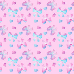 Watercolor seamless hand drawn pattern with hearts and bows on pink background