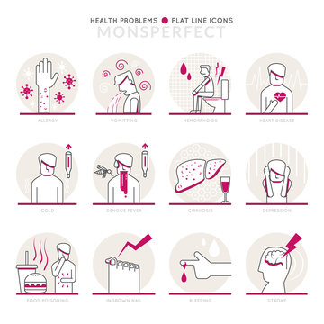 Infographic Icons Elements about Health Problems. Flat Thin Line Icons Set Pictogram for Website and Mobile Application Graphics.