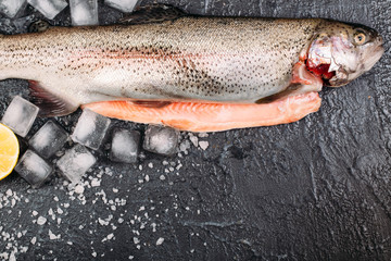 Food background of ingredients for cooking fresh salmon fish Copy space Top view