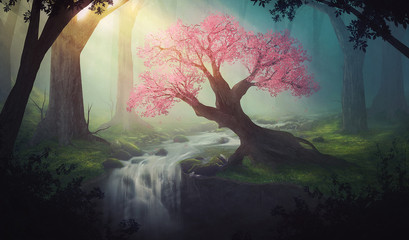 Pink tree in forest