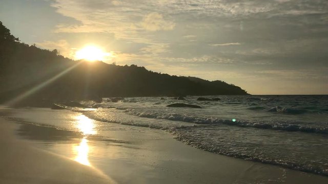 sunset with waves on the beach, Praslin island, Seychelles 4k