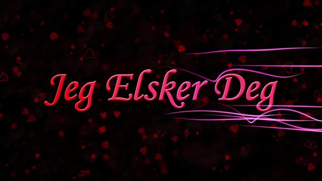 "I Love You" text in Norwegian "Jeg Elsker Deg" formed from dust and turns to dust horizontally with moving stripes on black animated background
