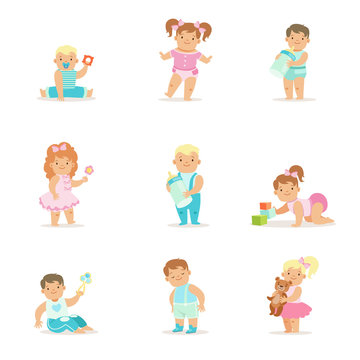 Adorable Smiling Babies And Kids In Blue And Pink Outfits Doing First Steps, Crawling And Playing Set Of Illustrations