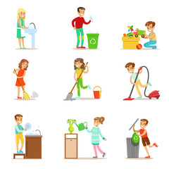 Fototapeta premium Children Helping With Home Cleanup, Washing The Floor, Throwing Out Garbage And Watering Plants