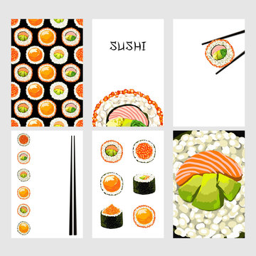 Set of Japanese food cards. Set of sushi on white background