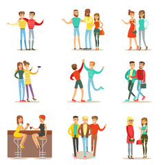 Fototapeta na wymiar Happy Best Friends Having Good Time Together, Going Out And Talking Set Of Friendship Themed Illustrations