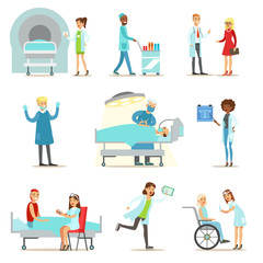 Injured And Sick Patients In The Hospital Receiving Medical Healthcare From Professional Doctors And Nurses