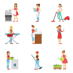 Fototapeta na wymiar Happy Modern Housewives Cleaning And Housekeeping, Performing Different Household Duties With A Smile