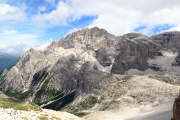 Mountain Elferkofel panorama and Alpine Hut Zsigmondyhütte in Sexten Dolomites, South Tyrol, Italy