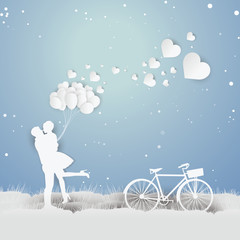 valentine's day on light Blue background with a bike, paper art,