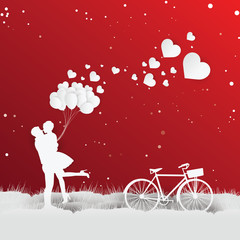 valentine's day on red background with a bike, paper art, craft
