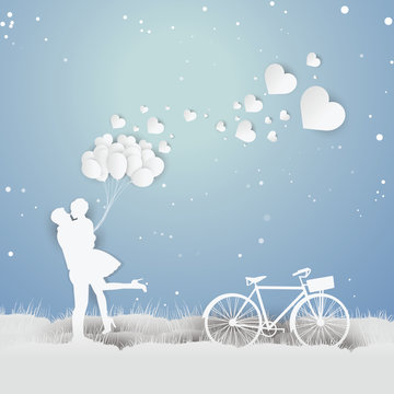 valentine's day on light Blue background with a bike, paper art,