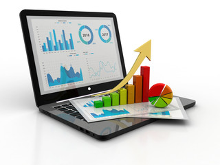 Business analyze. Laptop, graph and diagram. 3d