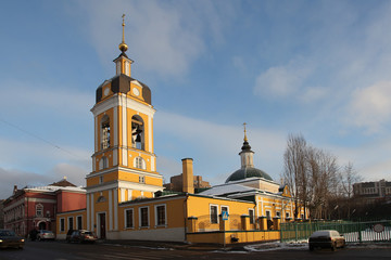 Fototapeta na wymiar Veiw at Bell Tower of Novospassky Monastery (New monastery of the Saviour) in Moscow, Russia