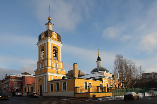 Veiw at Bell Tower of Novospassky Monastery (New monastery of the Saviour) in Moscow, Russia